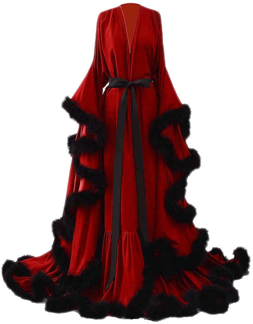 Yinyyinhs Women'S Feather Bridal Robe Wedding Scarf Long Lingerie Robe Nightgown Bathrobe Sleepwear with Belt Apparel & Accessories > Clothing > Sleepwear & Loungewear > Robes yinyyinhs Red-black Small-Medium
