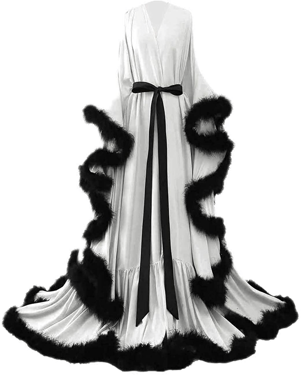 Yinyyinhs Women'S Feather Bridal Robe Wedding Scarf Long Lingerie Robe Nightgown Bathrobe Sleepwear with Belt Apparel & Accessories > Clothing > Sleepwear & Loungewear > Robes yinyyinhs Ivory-black 3X-Large