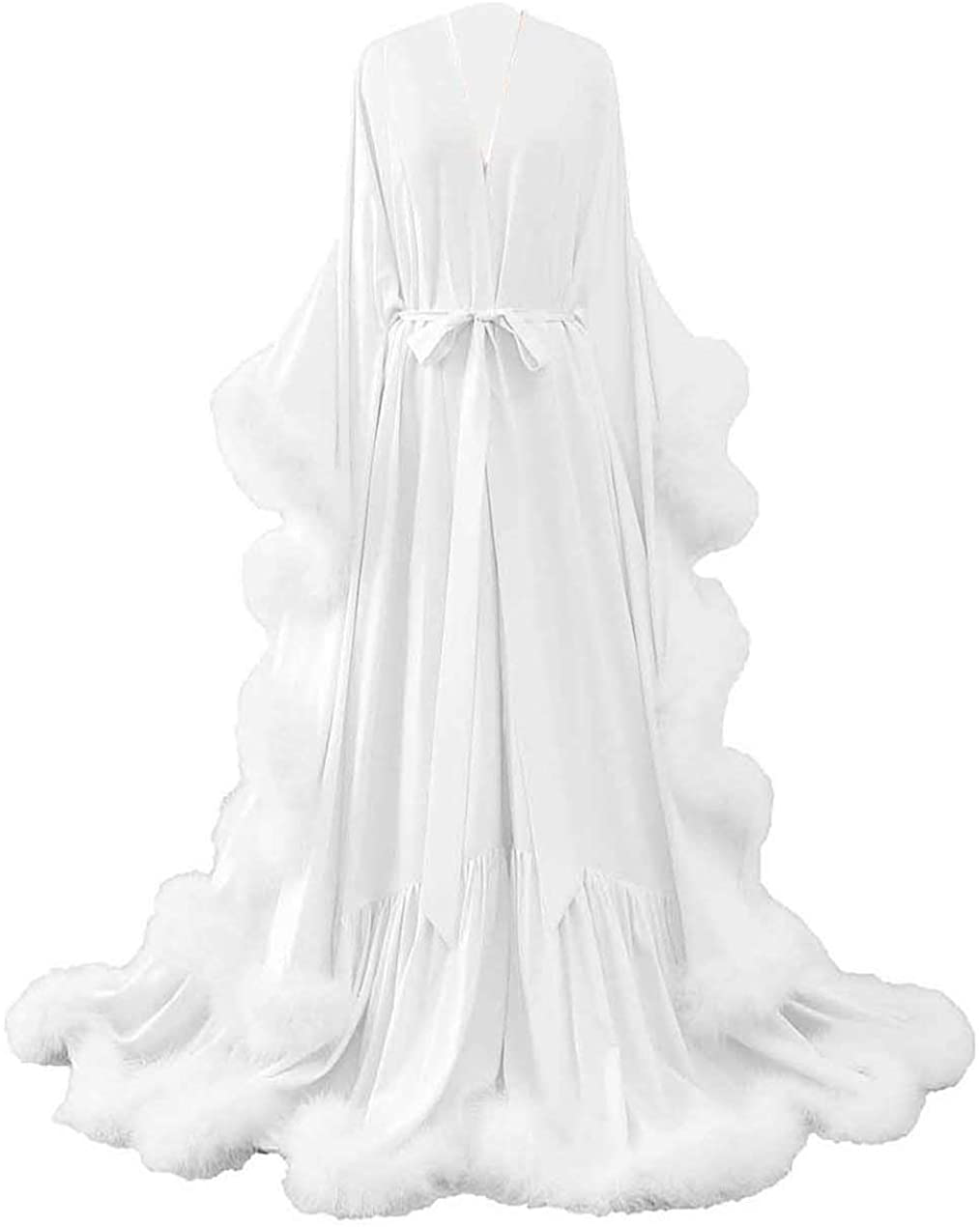 Yinyyinhs Women'S Feather Bridal Robe Wedding Scarf Long Lingerie Robe Nightgown Bathrobe Sleepwear with Belt Apparel & Accessories > Clothing > Sleepwear & Loungewear > Robes yinyyinhs White Large-X-Large