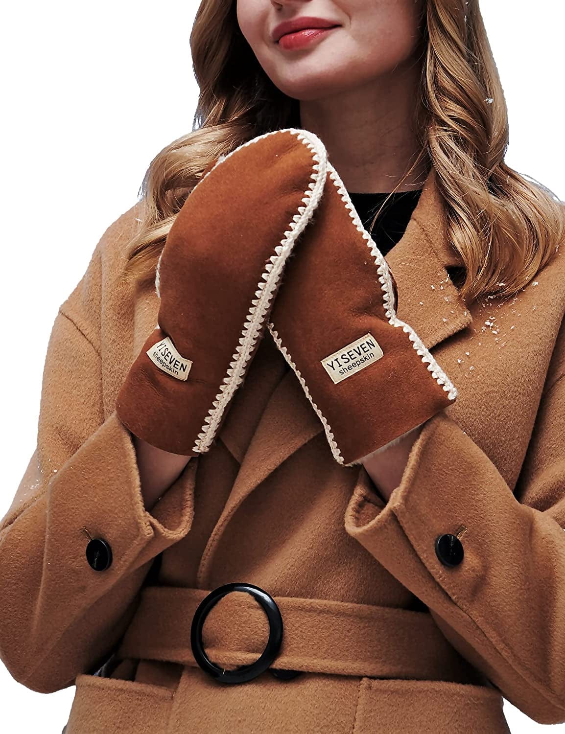 YISEVEN Women'S Rugged Sheepskin Shearling Mitten Sherpa Gloves Fur Cuff Apparel & Accessories > Clothing Accessories > Gloves & Mittens YISEVEN Camel - Hand Stitched Design M (7"-8")