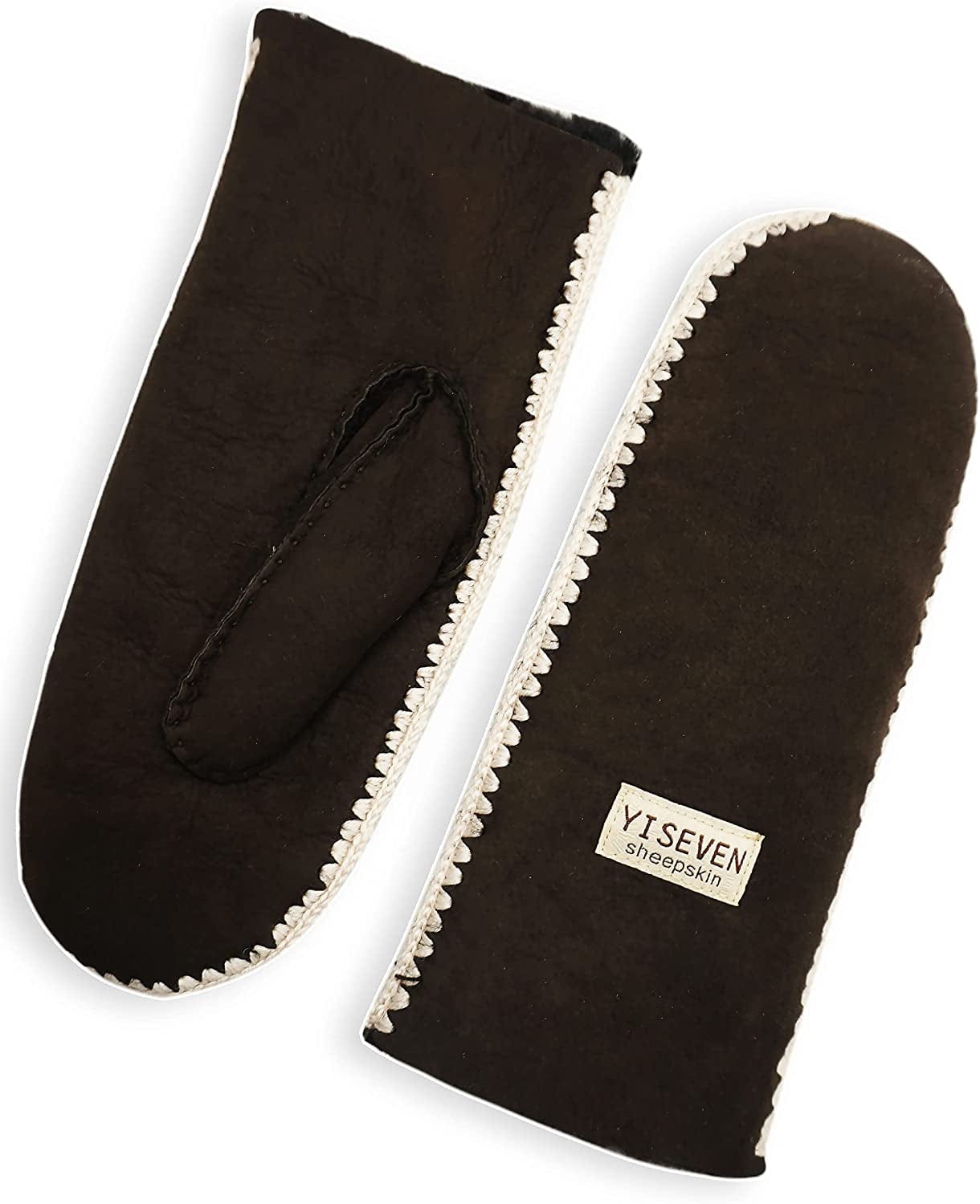 YISEVEN Women'S Rugged Sheepskin Shearling Mitten Sherpa Gloves Fur Cuff Apparel & Accessories > Clothing Accessories > Gloves & Mittens YISEVEN Dark Brown - Hand Stitched Design L (8"-9")