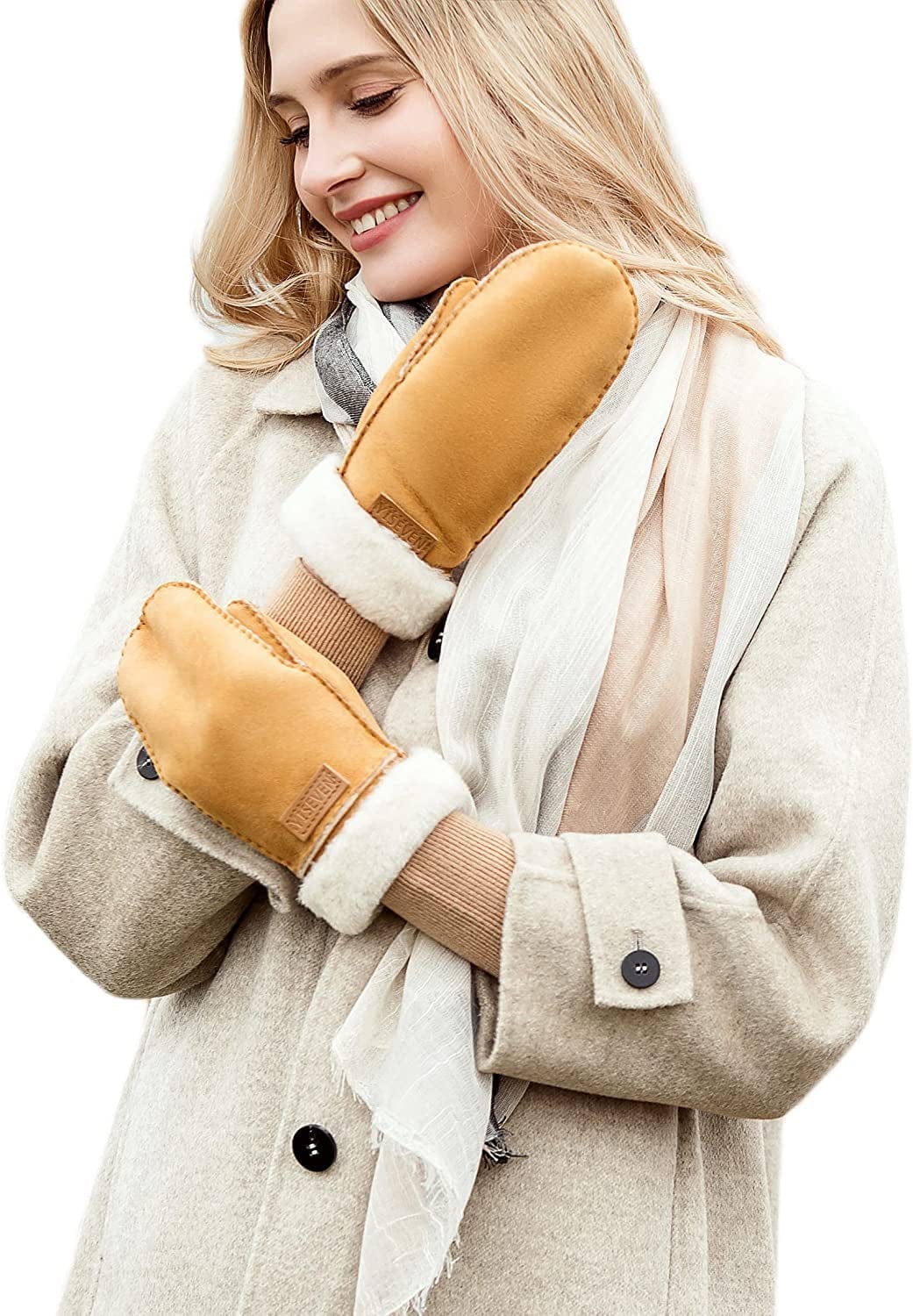 YISEVEN Women'S Rugged Sheepskin Shearling Mitten Sherpa Gloves Fur Cuff Apparel & Accessories > Clothing Accessories > Gloves & Mittens YISEVEN Cork - Leather Logo L (8"-9")