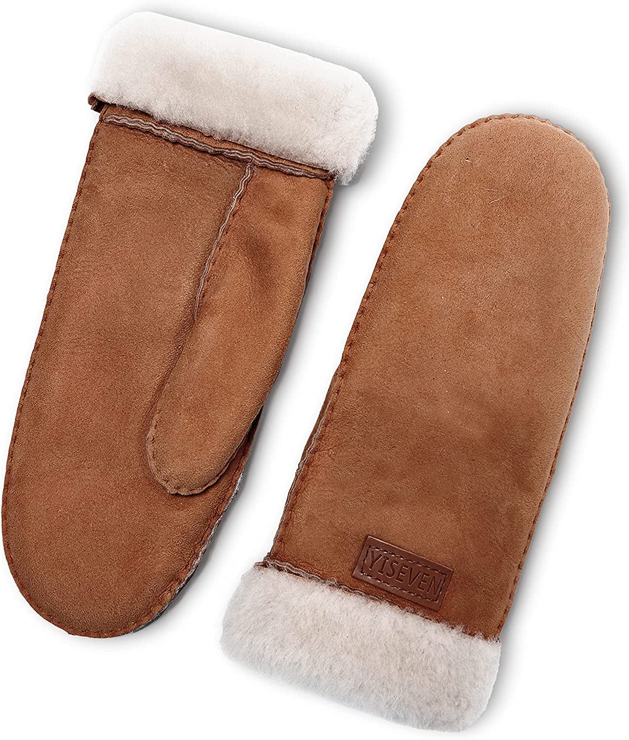 YISEVEN Women'S Rugged Sheepskin Shearling Mitten Sherpa Gloves Fur Cuff Apparel & Accessories > Clothing Accessories > Gloves & Mittens YISEVEN Camel - Leather Logo S (6"-7")