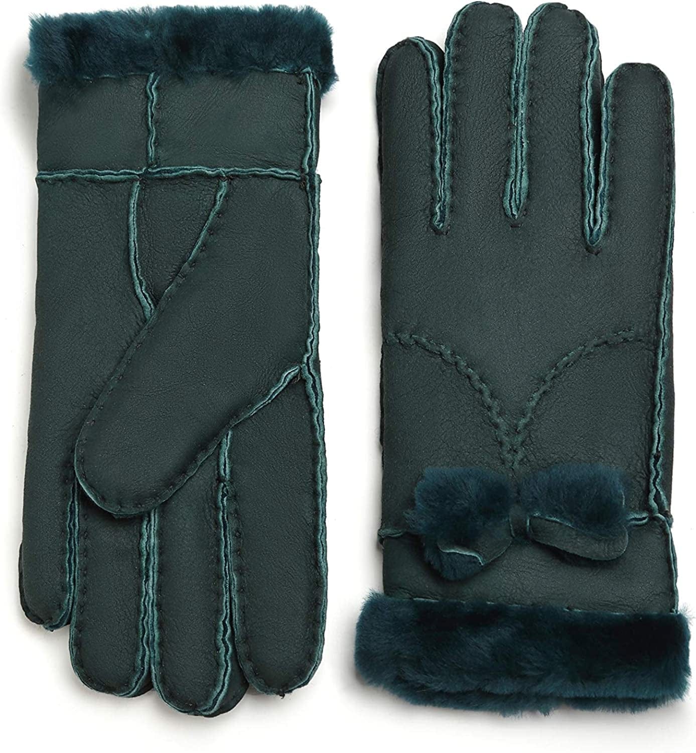 YISEVEN Women'S Winter Sheepskin Shearling Leather Gloves Mittens Two Points Apparel & Accessories > Clothing Accessories > Gloves & Mittens Charm Leather Fashion Company Apple Green - Bow XL (8.5"-9")