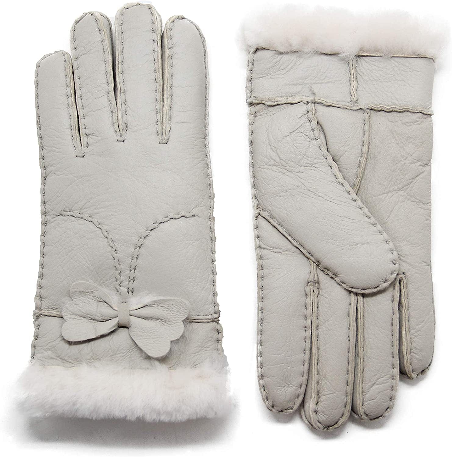 YISEVEN Women'S Winter Sheepskin Shearling Leather Gloves Mittens Two Points Apparel & Accessories > Clothing Accessories > Gloves & Mittens Charm Leather Fashion Company Ivory White - Bow L (7.5"-8")