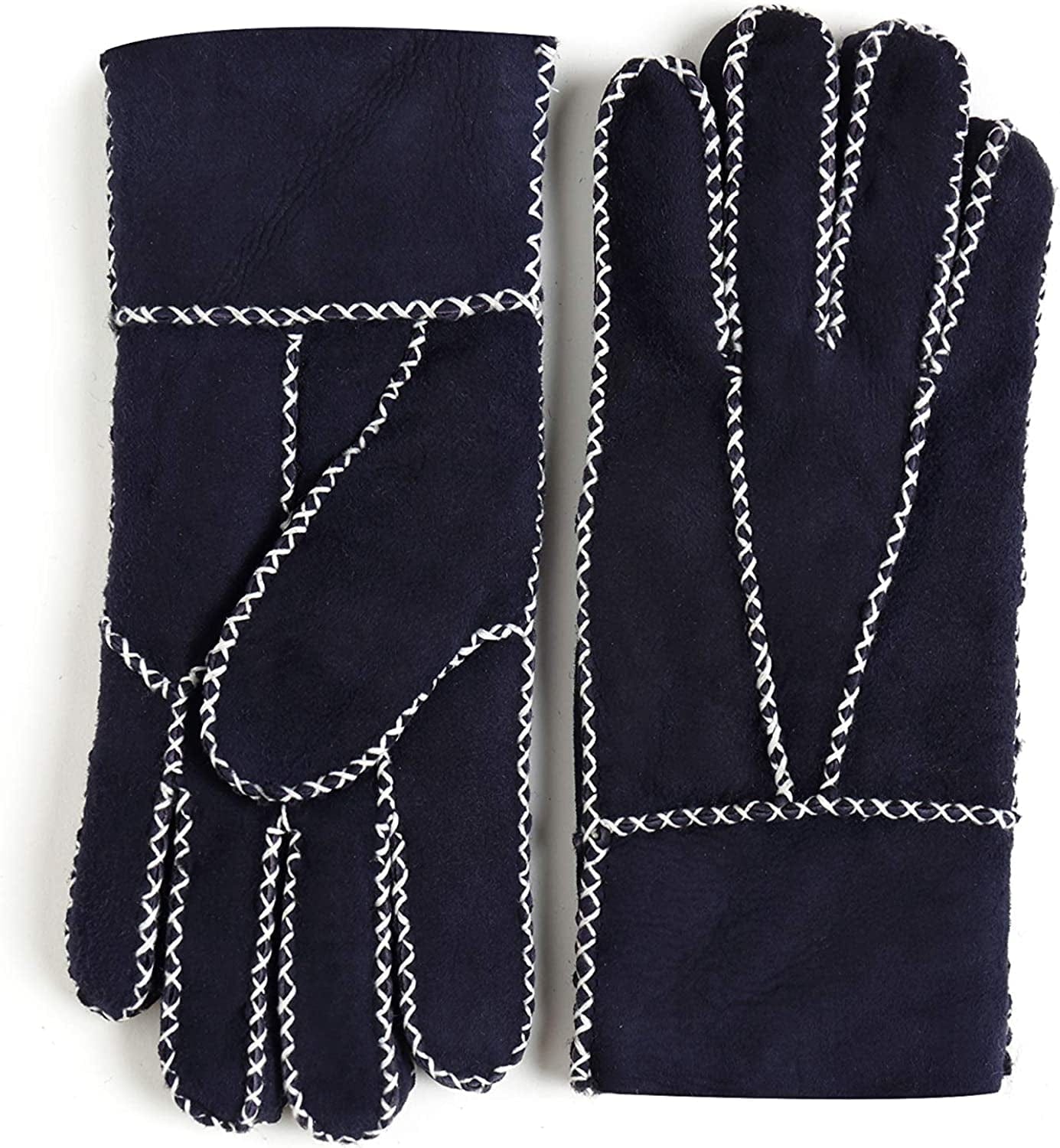 YISEVEN Women'S Winter Sheepskin Shearling Leather Gloves Mittens Two Points Apparel & Accessories > Clothing Accessories > Gloves & Mittens Charm Leather Fashion Company Navy Blue Suede - Herringbone L (7.5"-8")
