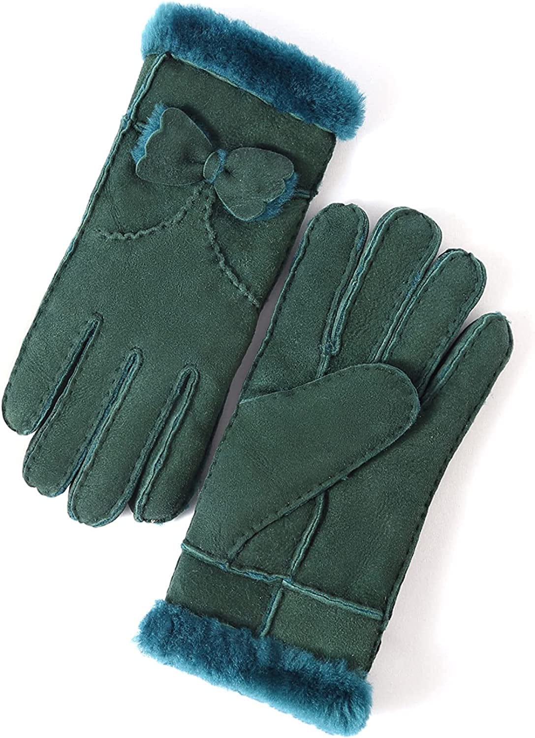 YISEVEN Women'S Winter Sheepskin Shearling Leather Gloves Mittens Two Points Apparel & Accessories > Clothing Accessories > Gloves & Mittens Charm Leather Fashion Company Turquoise Green Suede - Bow XL (8.5"-9")