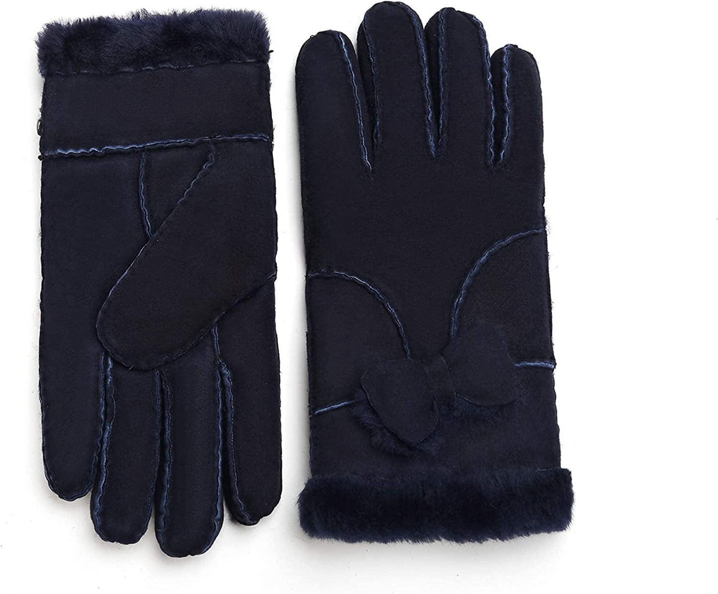 YISEVEN Women'S Winter Sheepskin Shearling Leather Gloves Mittens Two Points Apparel & Accessories > Clothing Accessories > Gloves & Mittens Charm Leather Fashion Company Navy Blue Suede - Bow XL (8.5"-9")