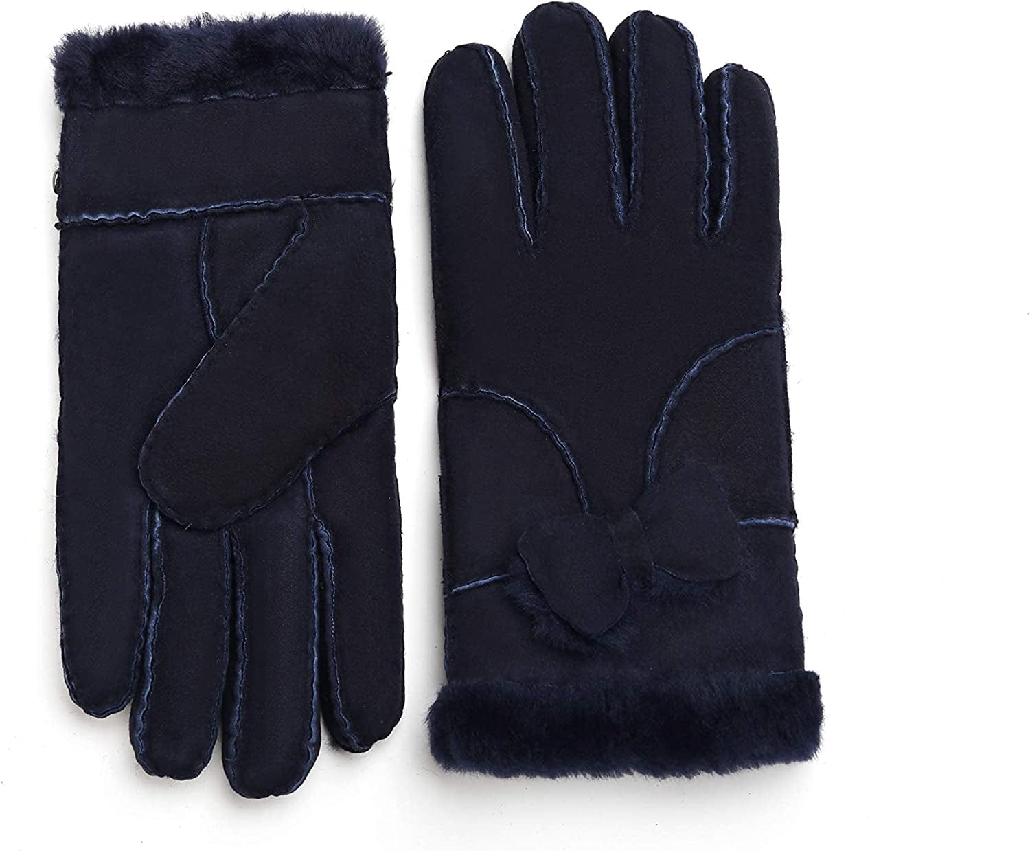YISEVEN Women'S Winter Sheepskin Shearling Leather Gloves Mittens Two Points Apparel & Accessories > Clothing Accessories > Gloves & Mittens Charm Leather Fashion Company Navy Blue Suede - Bow XL (8.5"-9")