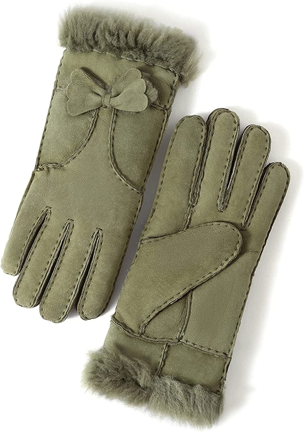 YISEVEN Women'S Winter Sheepskin Shearling Leather Gloves Mittens Two Points Apparel & Accessories > Clothing Accessories > Gloves & Mittens Charm Leather Fashion Company Pea Green Suede - Bow M (6.5"-7")