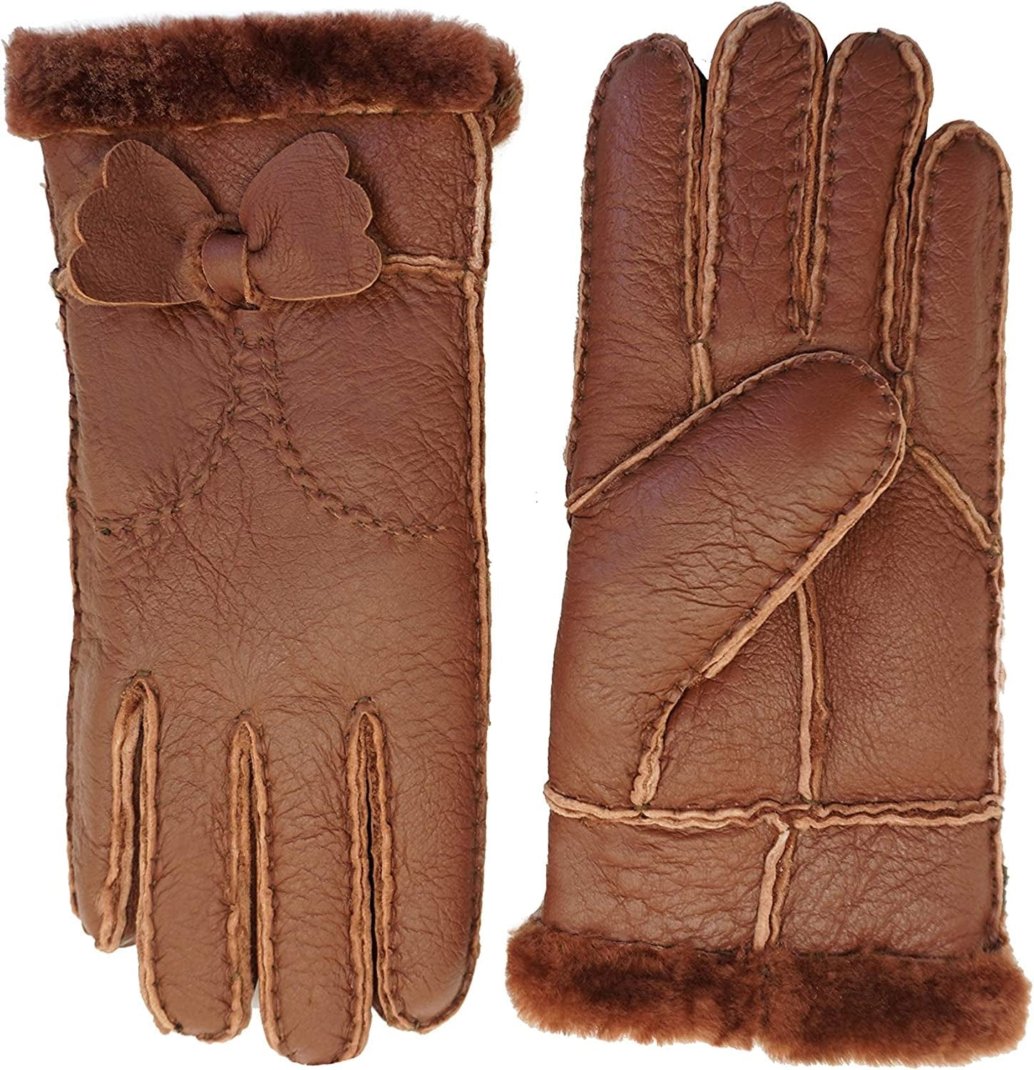 YISEVEN Women'S Winter Sheepskin Shearling Leather Gloves Mittens Two Points Apparel & Accessories > Clothing Accessories > Gloves & Mittens Charm Leather Fashion Company Cognac - Bow XL (8.5"-9")