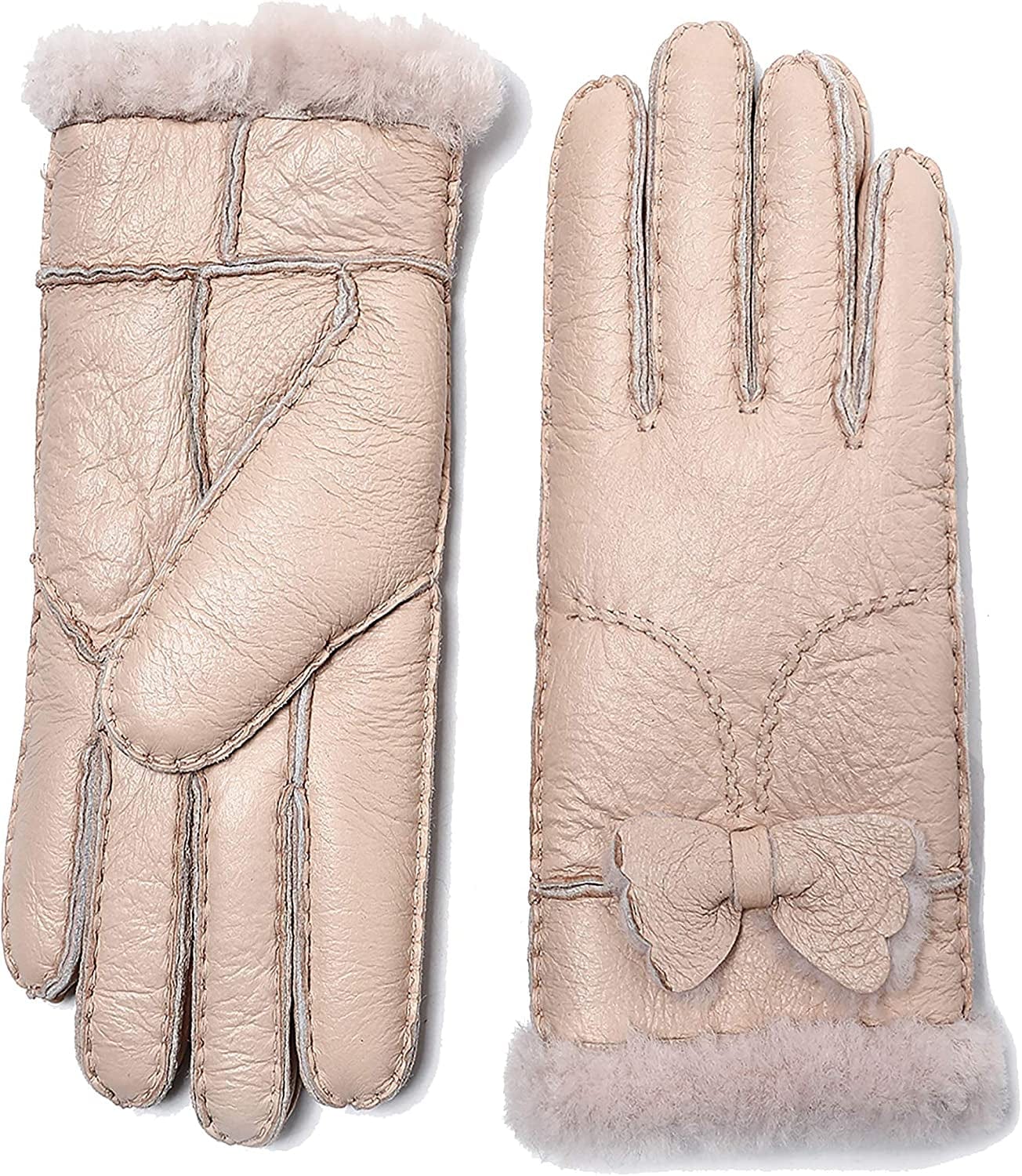 YISEVEN Women'S Winter Sheepskin Shearling Leather Gloves Mittens Two Points Apparel & Accessories > Clothing Accessories > Gloves & Mittens Charm Leather Fashion Company Pearl Pink - Bow L (7.5"-8")