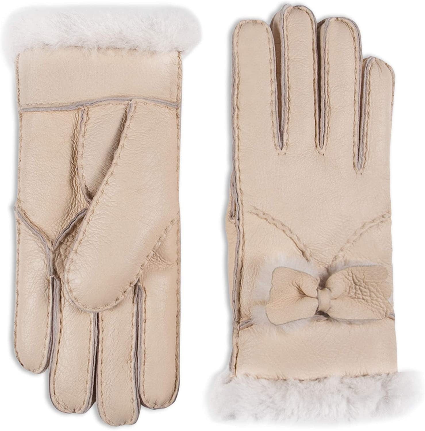 YISEVEN Women'S Winter Sheepskin Shearling Leather Gloves Mittens Two Points Apparel & Accessories > Clothing Accessories > Gloves & Mittens Charm Leather Fashion Company Beige - Bow L (7.5"-8")