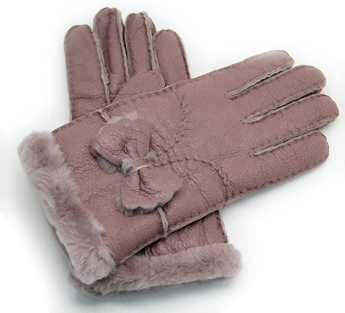 YISEVEN Women'S Winter Sheepskin Shearling Leather Gloves Mittens Two Points Apparel & Accessories > Clothing Accessories > Gloves & Mittens Charm Leather Fashion Company Ruby - Bow S (6"-6.5")