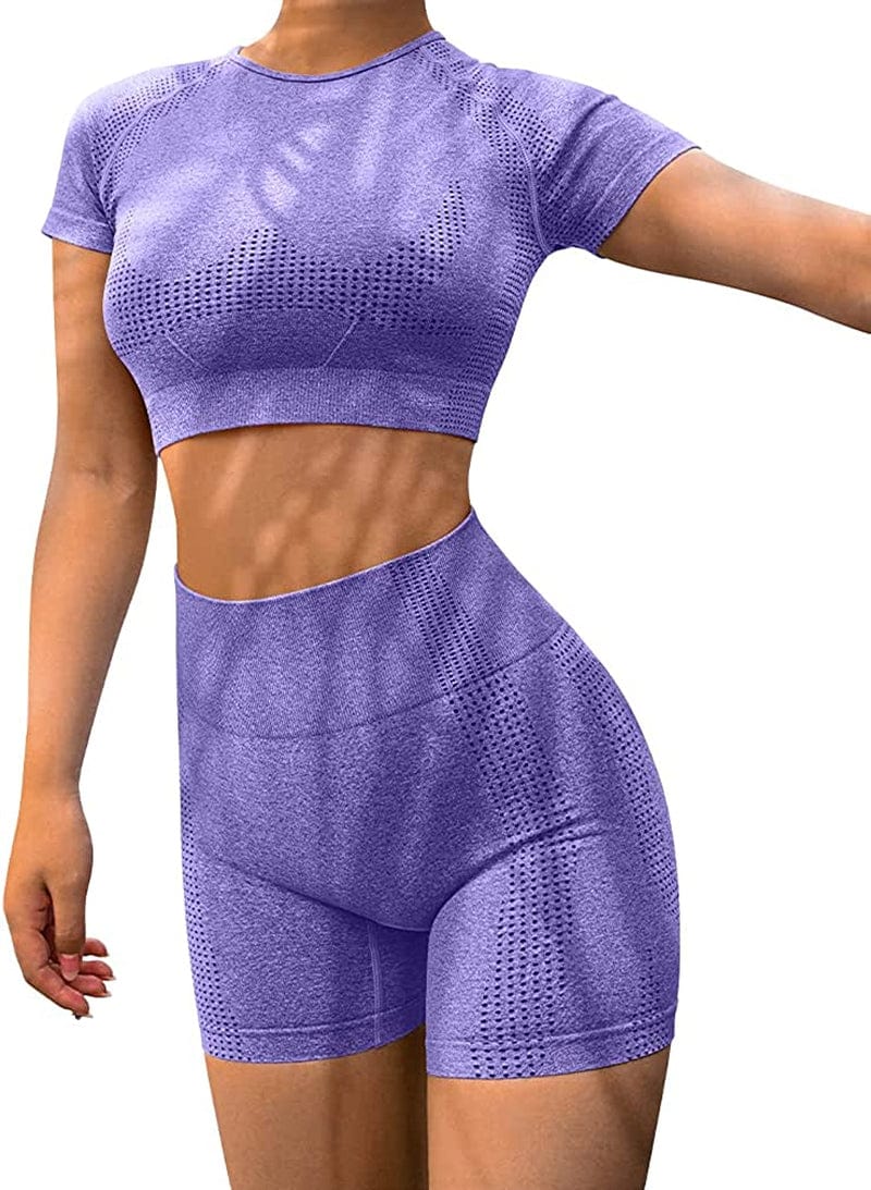 Yoga 2 Piece Outfits Workout Running Crop Top Seamless High Waist Shorts Sets Purple / Small