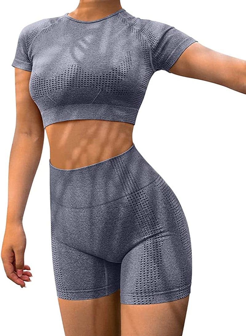 Yoga 2 Piece Outfits Workout Running Crop Top Seamless High Waist Shorts Sets Grey / Small