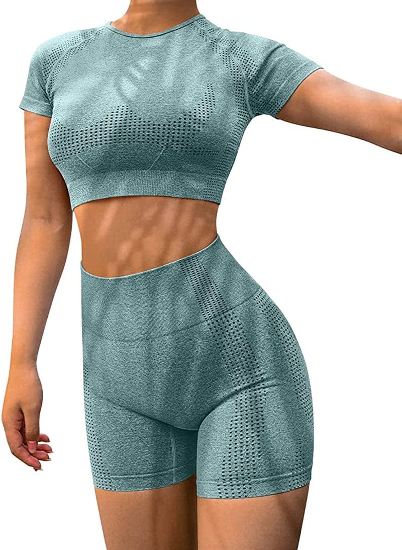 Yoga 2 Piece Outfits Workout Running Crop Top Seamless High Waist Shorts Sets Darkgreen / Small