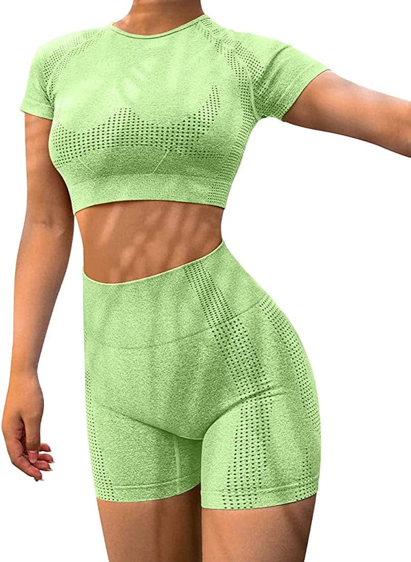 Yoga 2 Piece Outfits Workout Running Crop Top Seamless High Waist Shorts Sets Green / Small
