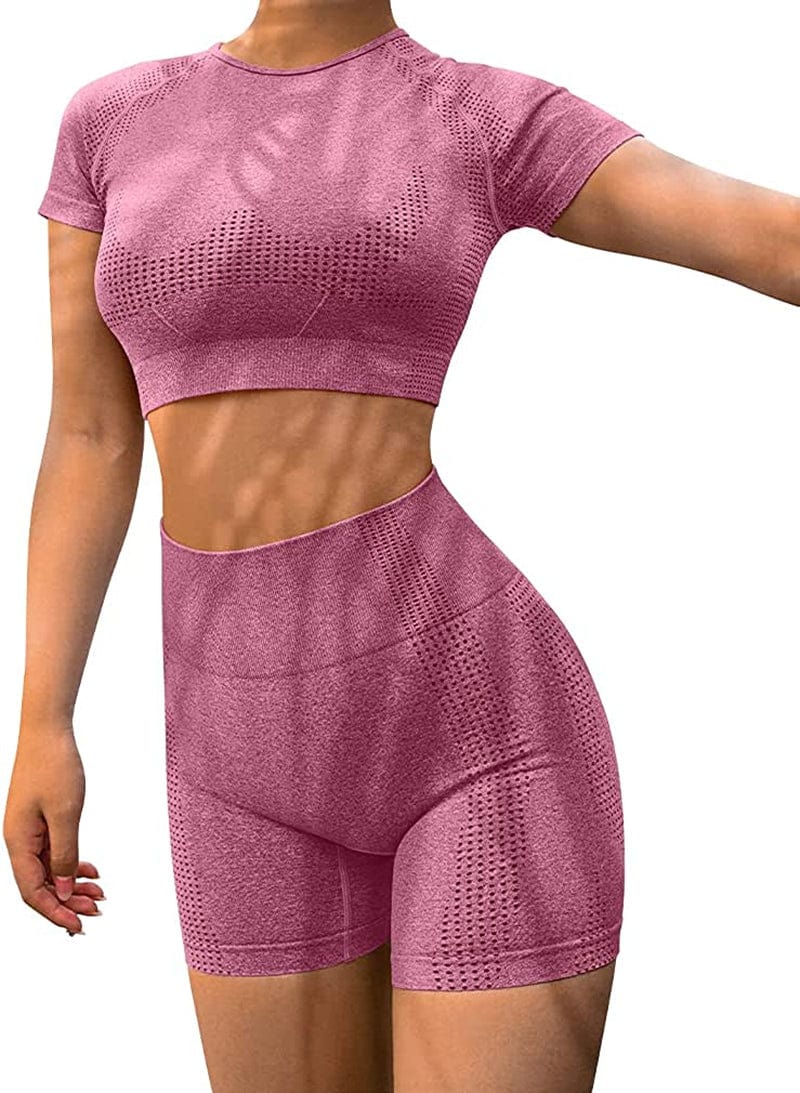 Yoga 2 Piece Outfits Workout Running Crop Top Seamless High Waist Shorts Sets Red / Small