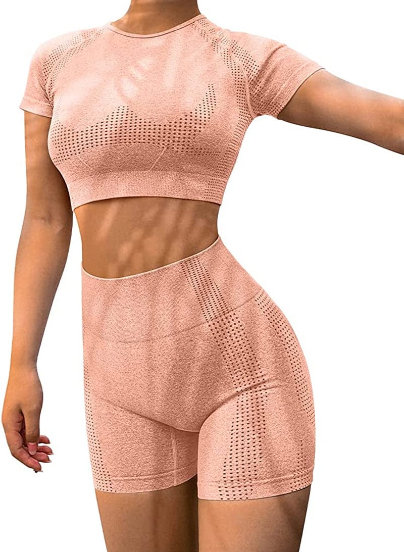 Yoga 2 Piece Outfits Workout Running Crop Top Seamless High Waist Shorts Sets Pink / Small