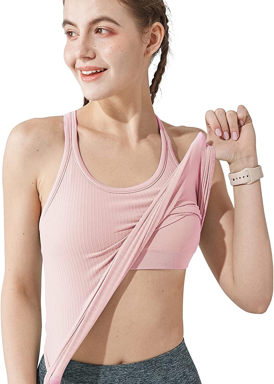 Yoga Racerback Tank Top for Women with Built in Bra,Women'S Padded Sports Bra Fitness Workout Running Shirts Lt Pink / 6