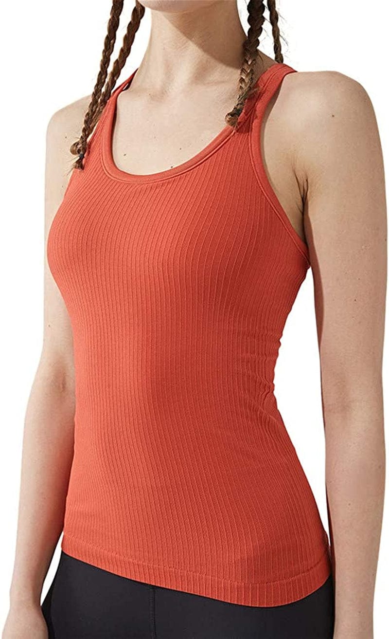 Yoga Racerback Tank Top for Women with Built in Bra,Women'S Padded Sports Bra Fitness Workout Running Shirts Orange / 4