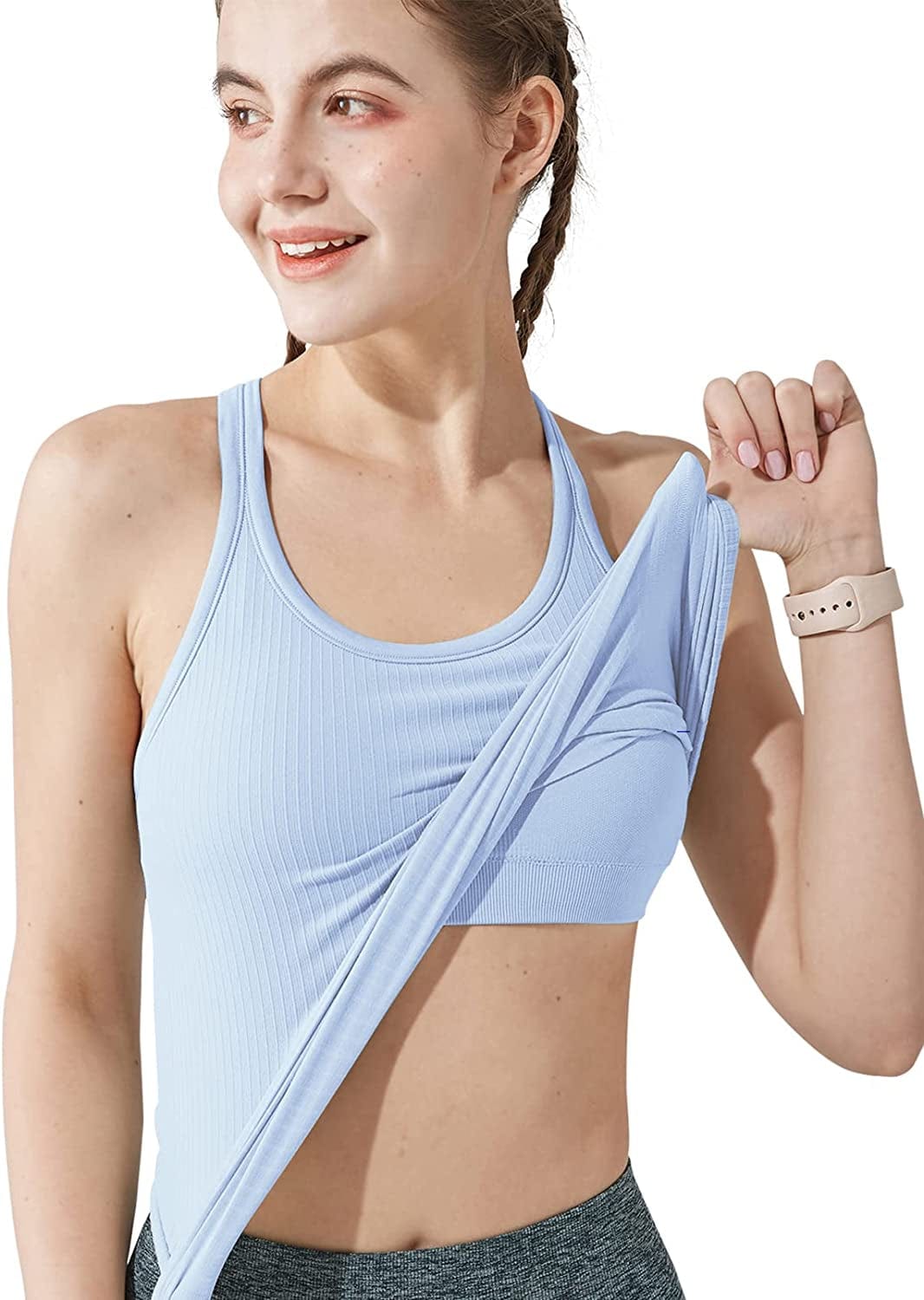 Yoga Racerback Tank Top for Women with Built in Bra,Women'S Padded Sports Bra Fitness Workout Running Shirts Lt Blue / 8