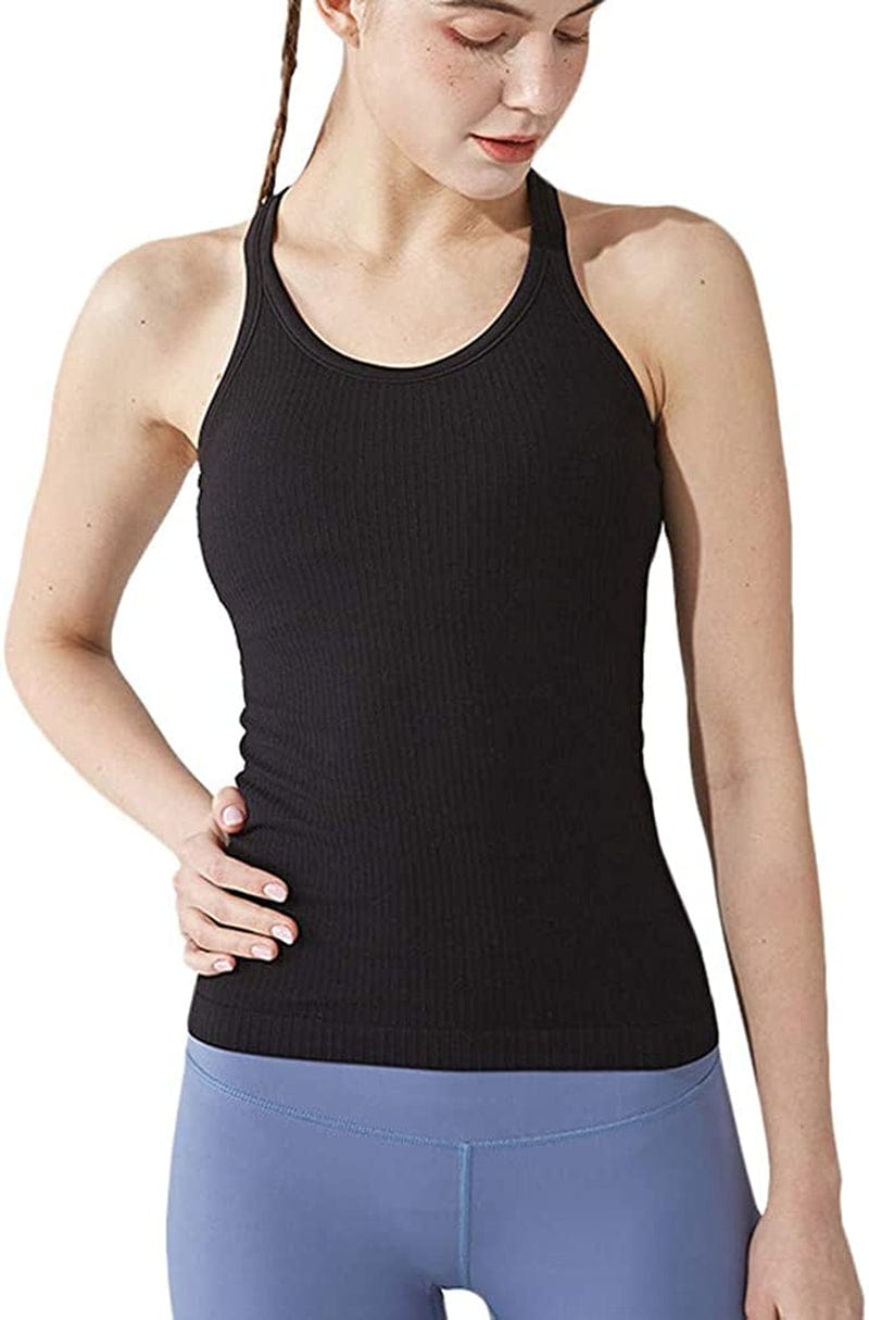 Yoga Racerback Tank Top for Women with Built in Bra,Women'S Padded Sports Bra Fitness Workout Running Shirts Black / 6
