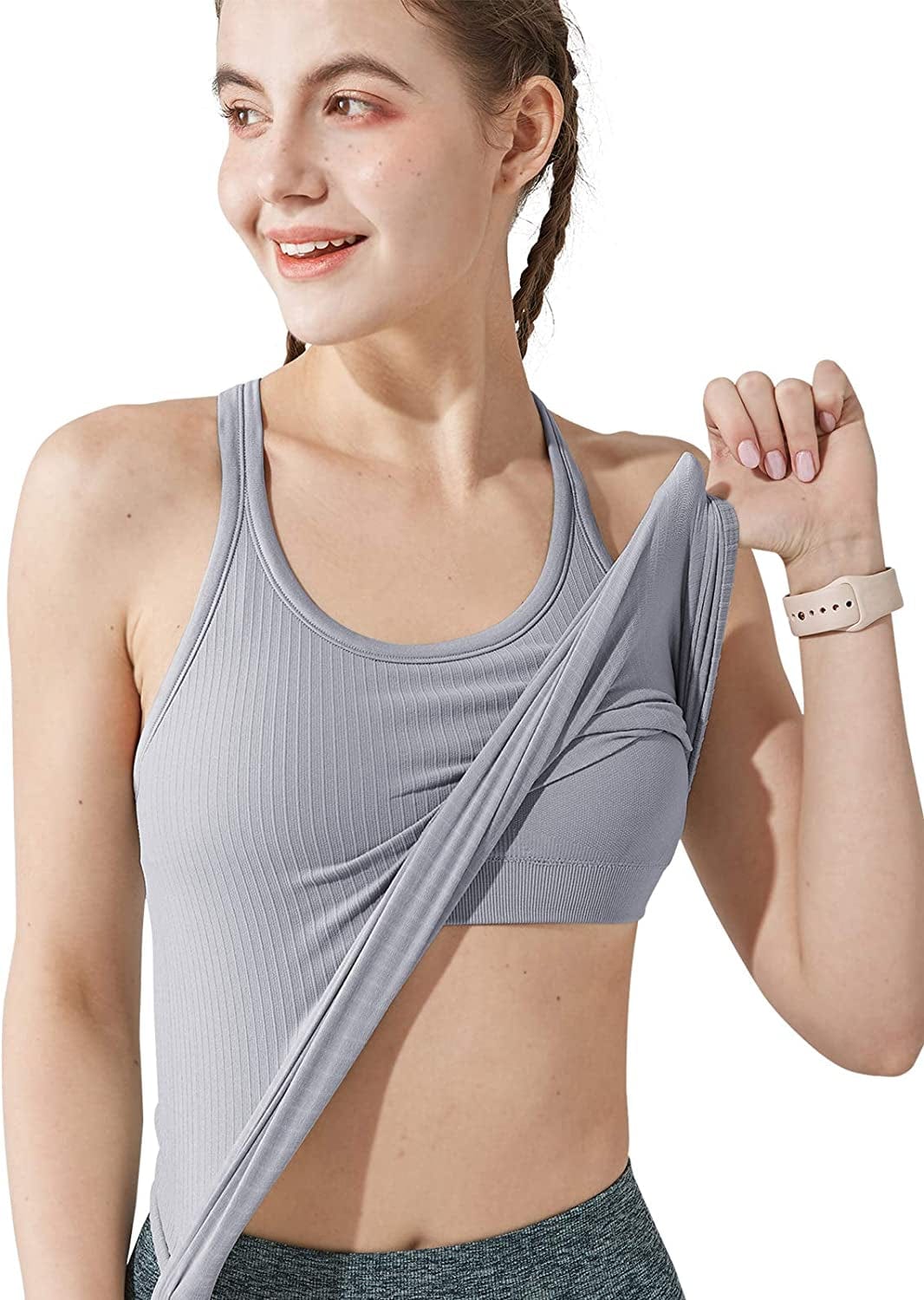 Yoga Racerback Tank Top for Women with Built in Bra,Women'S Padded Sports Bra Fitness Workout Running Shirts Gray / 8