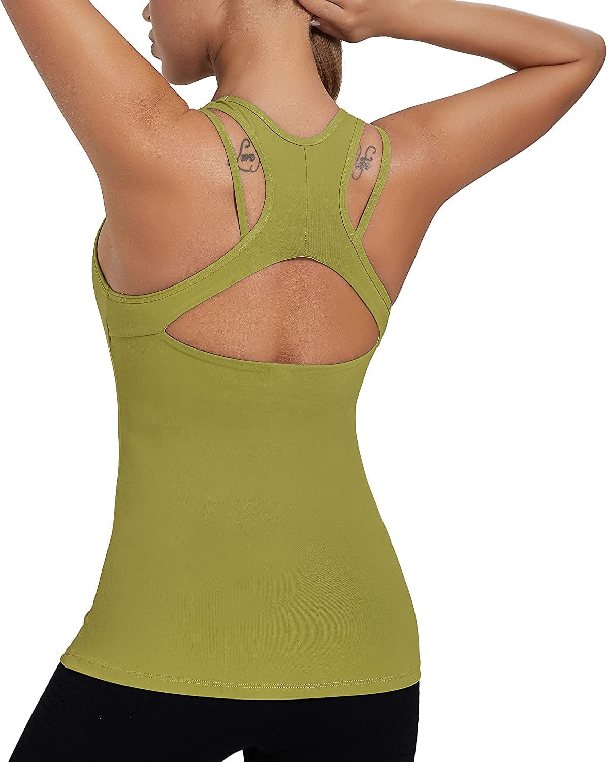 Yoga Tank Tops for Women Built in Bra, Workout Cropped Athletic Shirts plus Size Activewear Olive Green / Medium