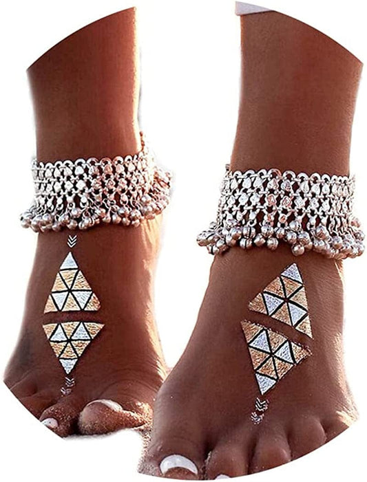 Yokawe Boho Anklets Bracelets Silver Bell Beaded Indian Anklet Chain Tassel Beach Barefoot Sandals Foot Jewelry for Women and Teen Girls(2Pcs) Apparel & Accessories > Jewelry > Anklets Yokawe