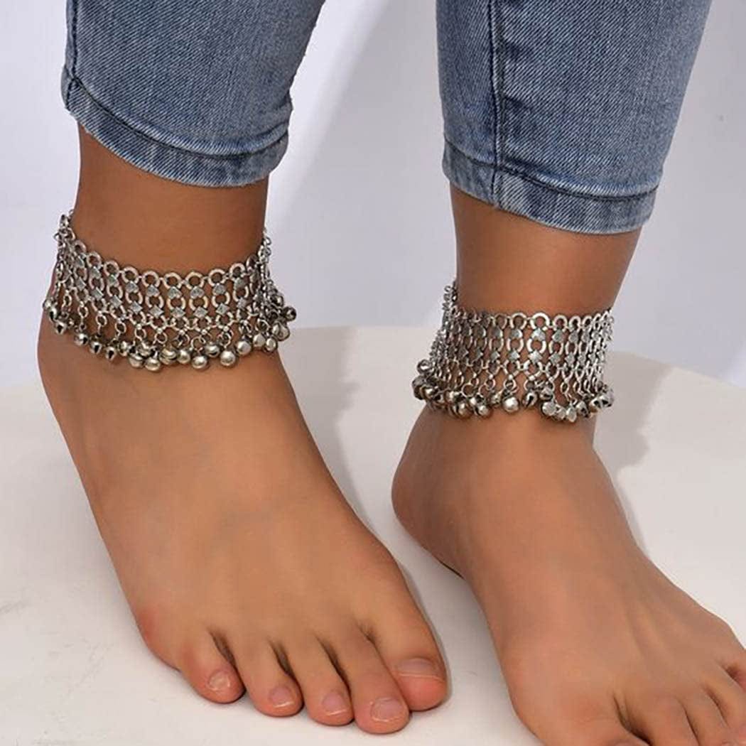 Yokawe Boho Anklets Bracelets Silver Bell Beaded Indian Anklet Chain Tassel Beach Barefoot Sandals Foot Jewelry for Women and Teen Girls(2Pcs) Apparel & Accessories > Jewelry > Anklets Yokawe