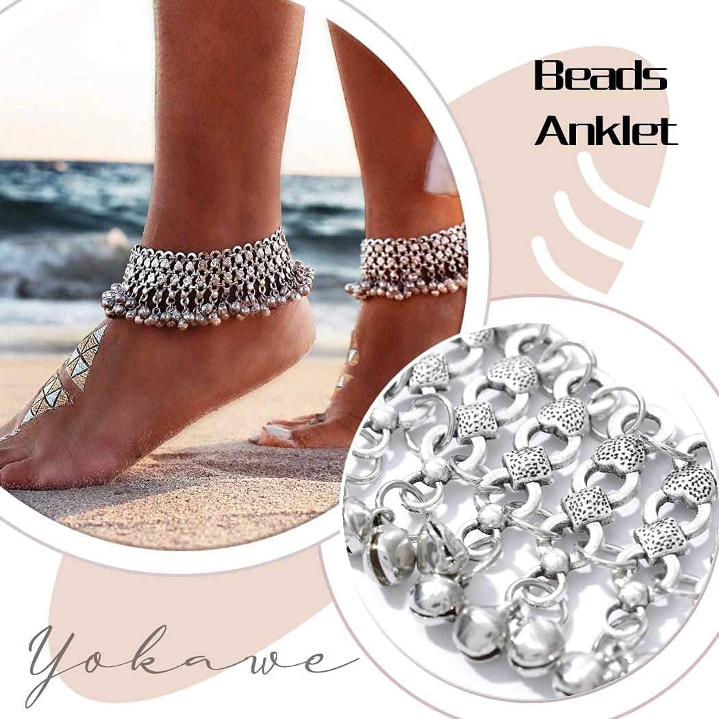 Yokawe Boho Anklets Bracelets Silver Bell Beaded Indian Anklet Chain Tassel Beach Barefoot Sandals Foot Jewelry for Women and Teen Girls(2Pcs) Apparel & Accessories > Jewelry > Anklets Yokawe