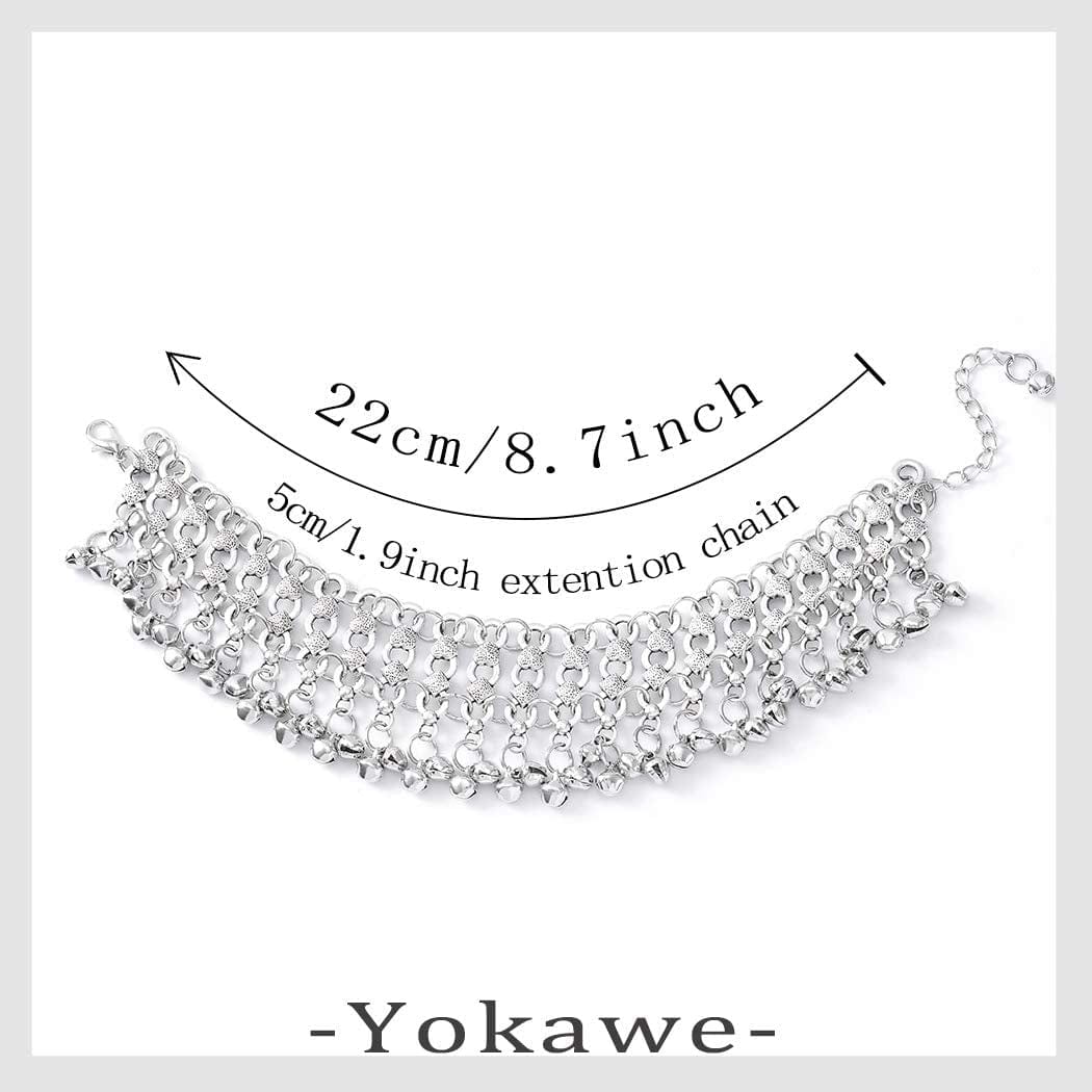 Yokawe Boho Anklets Bracelets Silver Bell Beaded Indian Anklet Chain Tassel Beach Barefoot Sandals Foot Jewelry for Women and Teen Girls(2Pcs) Apparel & Accessories > Jewelry > Anklets Yokawe