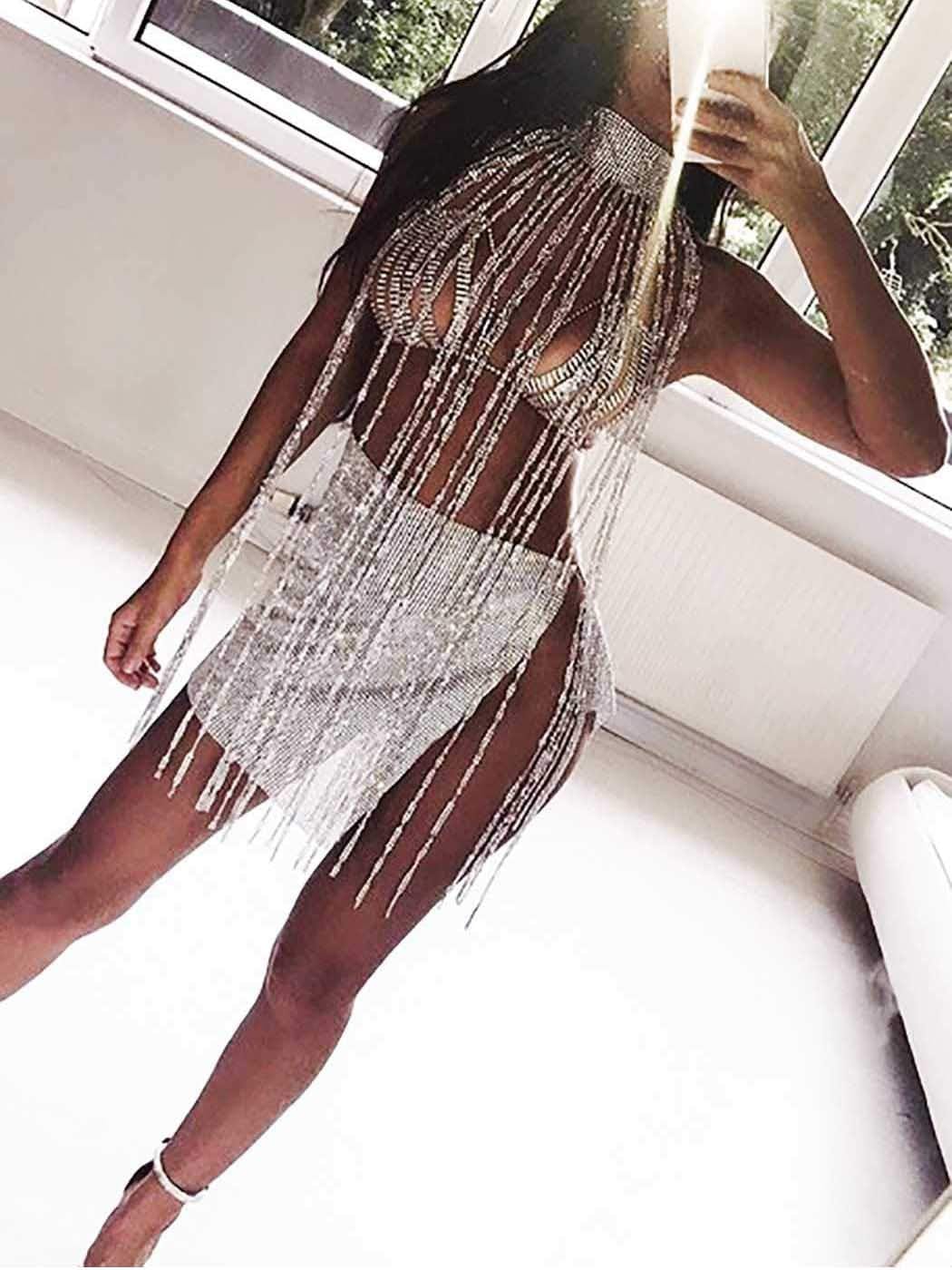 Yokawe Sparkly Rhinestone Body Chain Silver Crystal Choker Necklace Long Tassel Nightclub Rave Party Festival Body Accessories Jewelry for Women and Girls Apparel & Accessories > Jewelry > Body Jewelry Yokawe