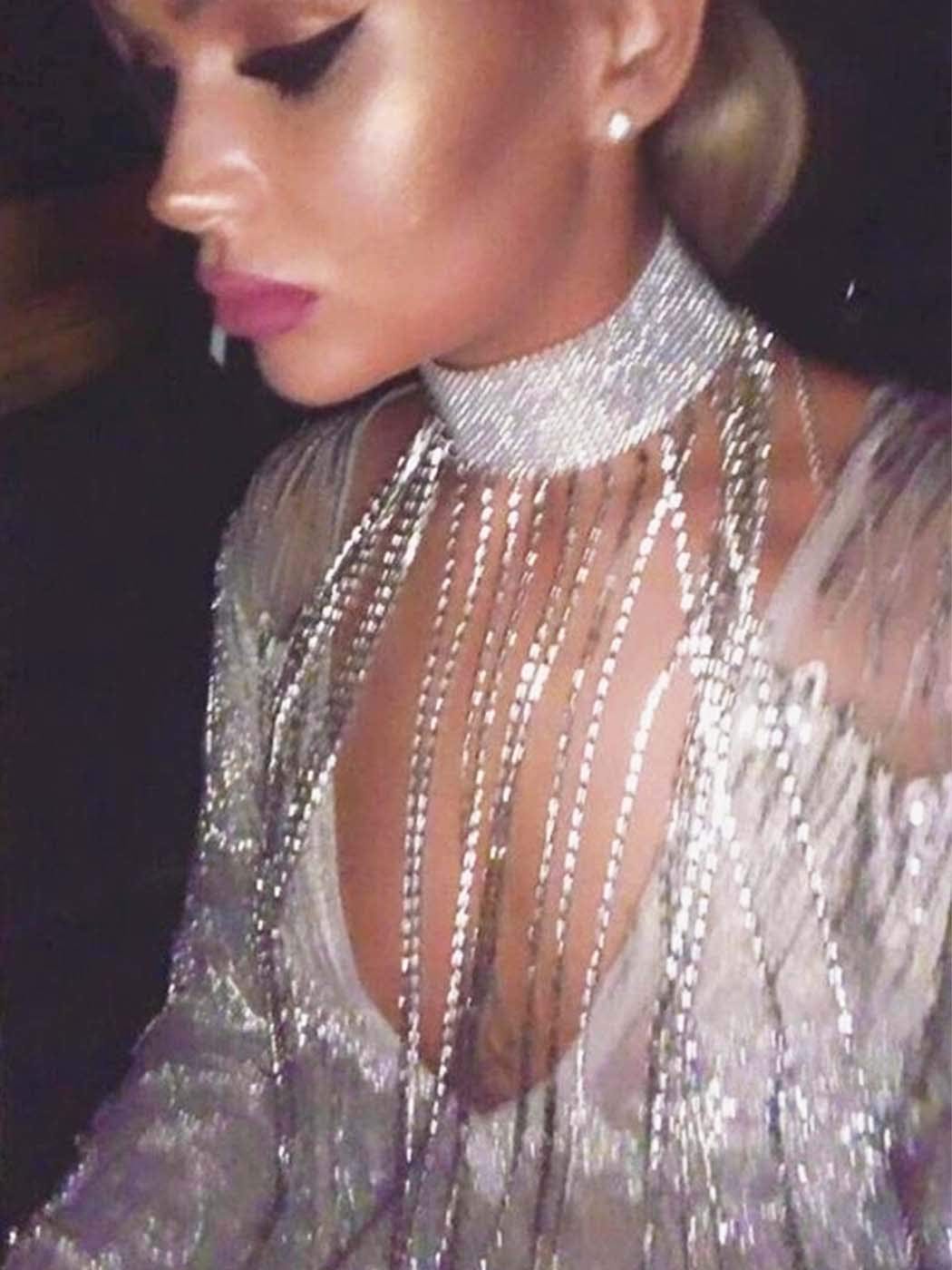 Yokawe Sparkly Rhinestone Body Chain Silver Crystal Choker Necklace Long Tassel Nightclub Rave Party Festival Body Accessories Jewelry for Women and Girls Apparel & Accessories > Jewelry > Body Jewelry Yokawe