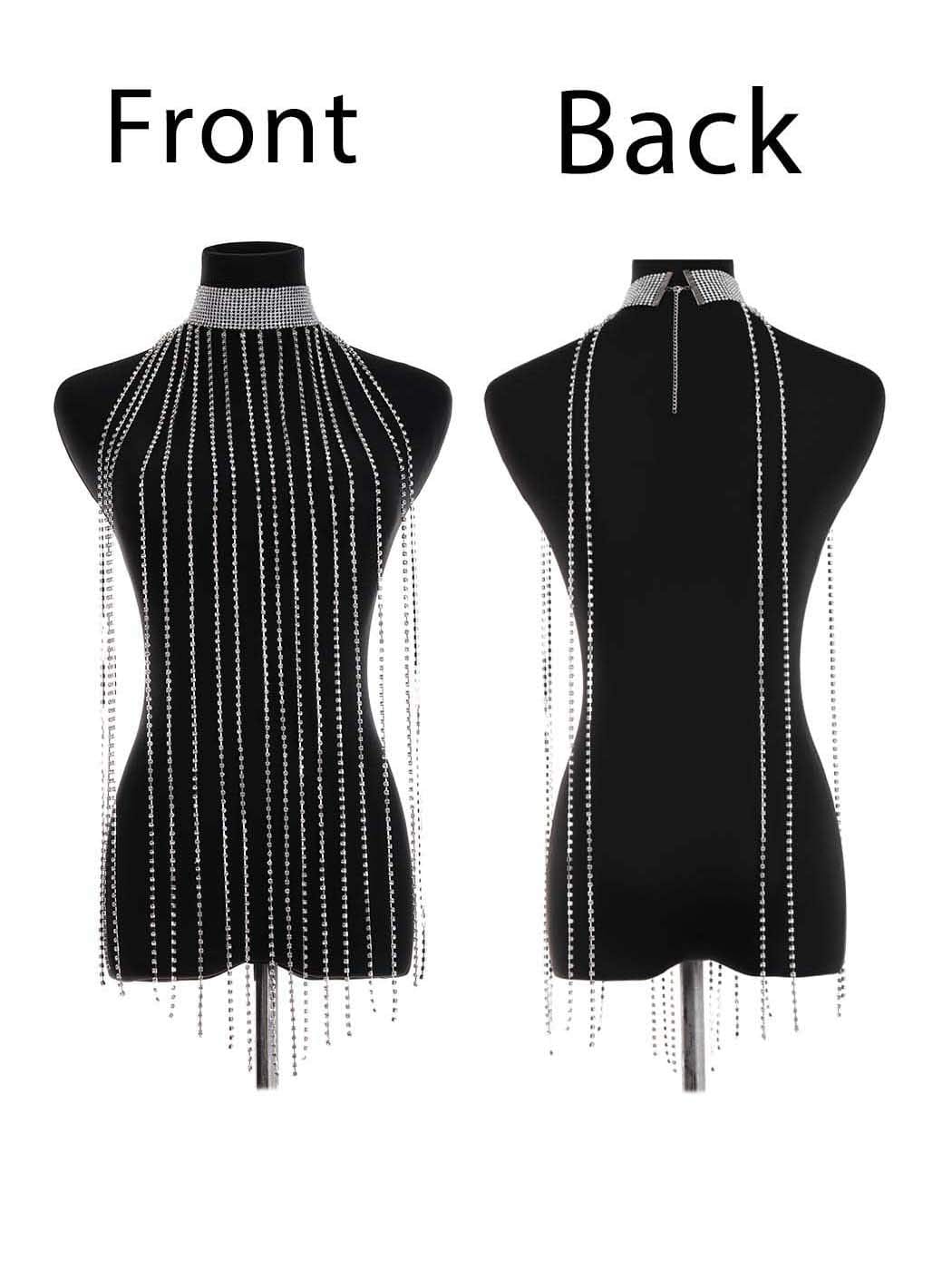 Yokawe Sparkly Rhinestone Body Chain Silver Crystal Choker Necklace Long Tassel Nightclub Rave Party Festival Body Accessories Jewelry for Women and Girls Apparel & Accessories > Jewelry > Body Jewelry Yokawe