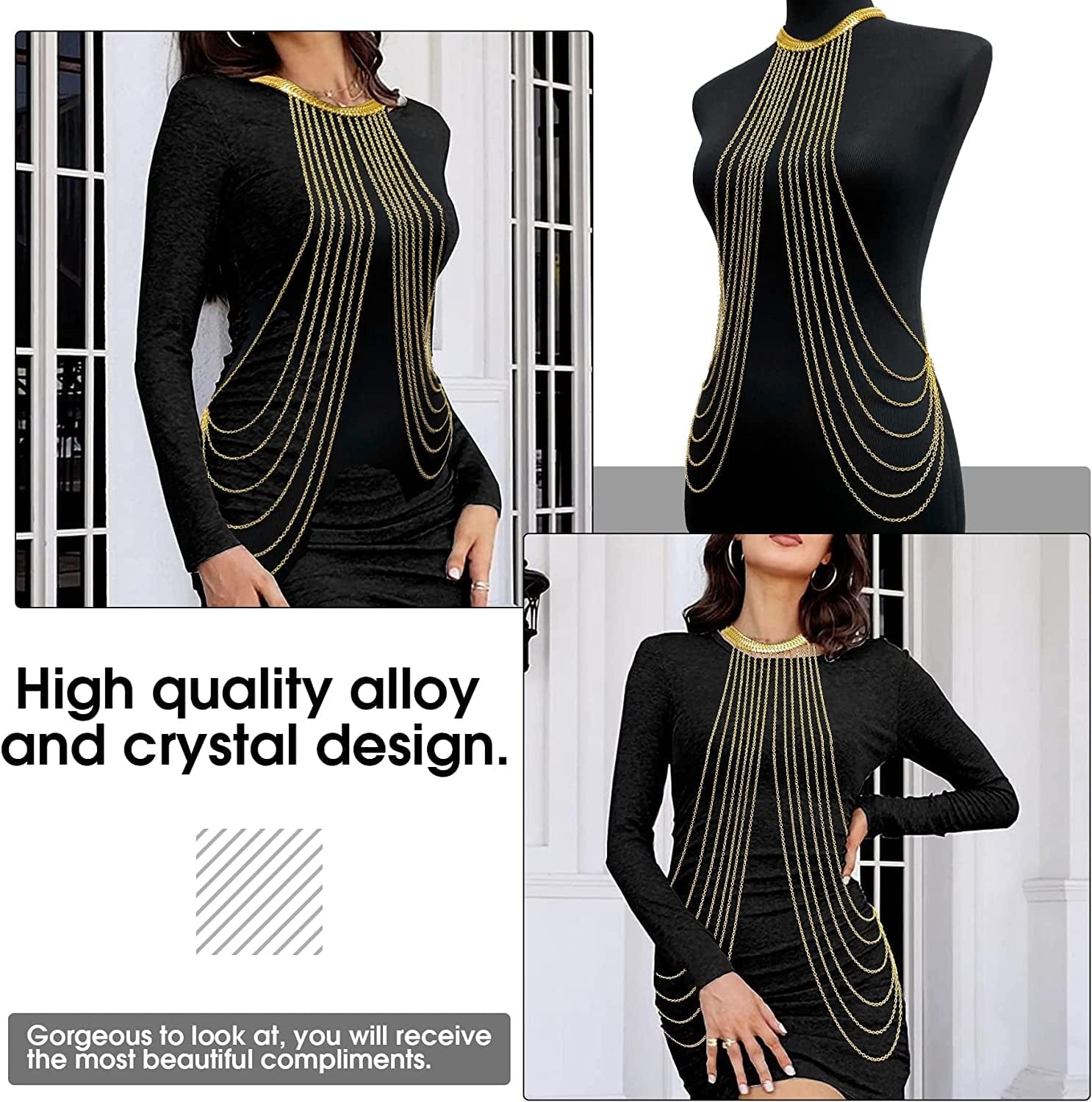 Yomiie Body Chain Layered Gold Tassels Necklace Fashion Jewelry Belly Waist Bra Boho Hot Bikini Beach Harness Anniversary Festival Gift for Women Lady Girls Apparel & Accessories > Jewelry > Body Jewelry Yomiie