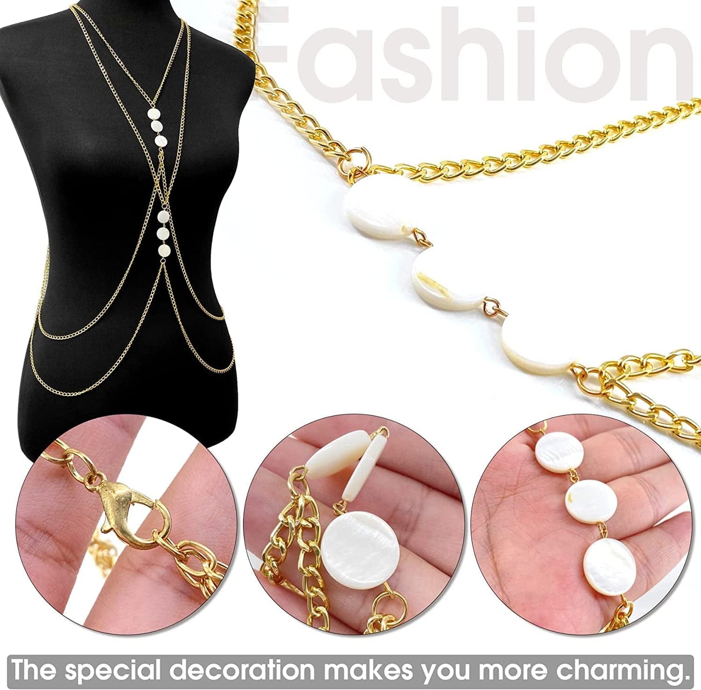 Yomiie Body Chain Layered Sexy Gold Tassels Necklace Fashion White Disc Jewelry Belly Waist Bra Hot Bikini Beach Harness Birthday Anniversary Festival Gift for Women Lady Girls Apparel & Accessories > Jewelry > Body Jewelry Yomiie