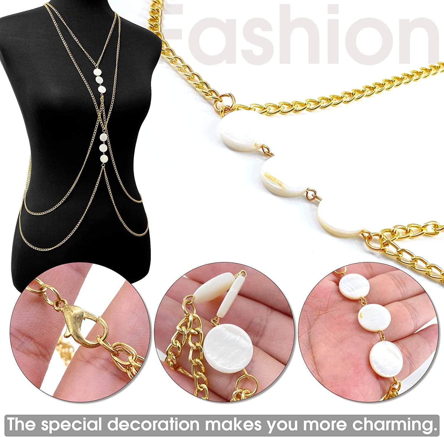 Yomiie Body Chain Layered Sexy Gold Tassels Necklace Fashion White Disc Jewelry Belly Waist Bra Hot Bikini Beach Harness Birthday Anniversary Festival Gift for Women Lady Girls Apparel & Accessories > Jewelry > Body Jewelry Yomiie