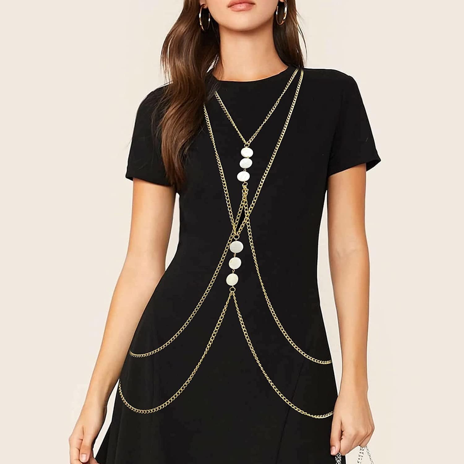 Yomiie Body Chain Layered Sexy Gold Tassels Necklace Fashion White Disc Jewelry Belly Waist Bra Hot Bikini Beach Harness Birthday Anniversary Festival Gift for Women Lady Girls Apparel & Accessories > Jewelry > Body Jewelry Yomiie