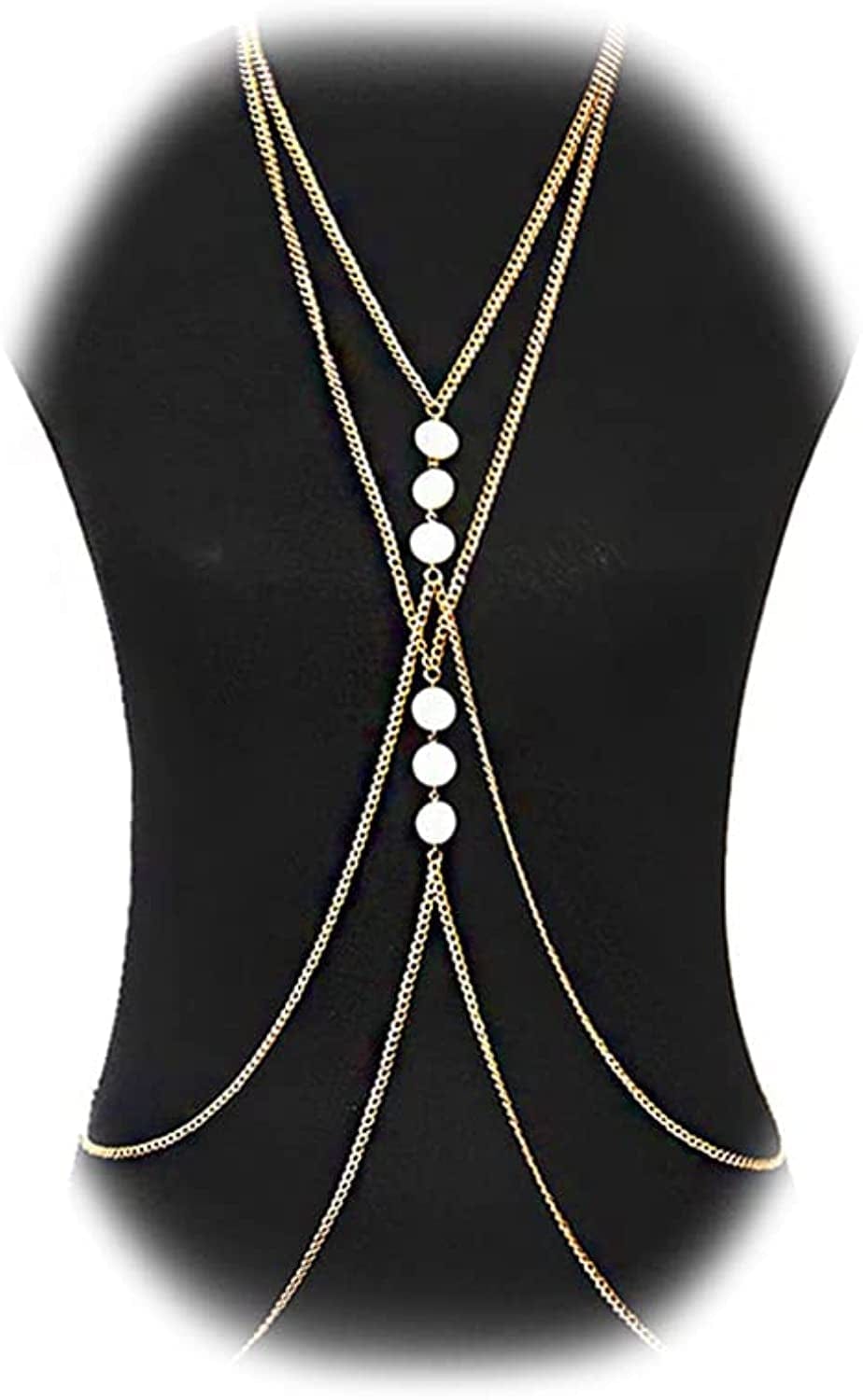 Yomiie Body Chain Layered Sexy Gold Tassels Necklace Fashion White Disc Jewelry Belly Waist Bra Hot Bikini Beach Harness Birthday Anniversary Festival Gift for Women Lady Girls Apparel & Accessories > Jewelry > Body Jewelry Yomiie