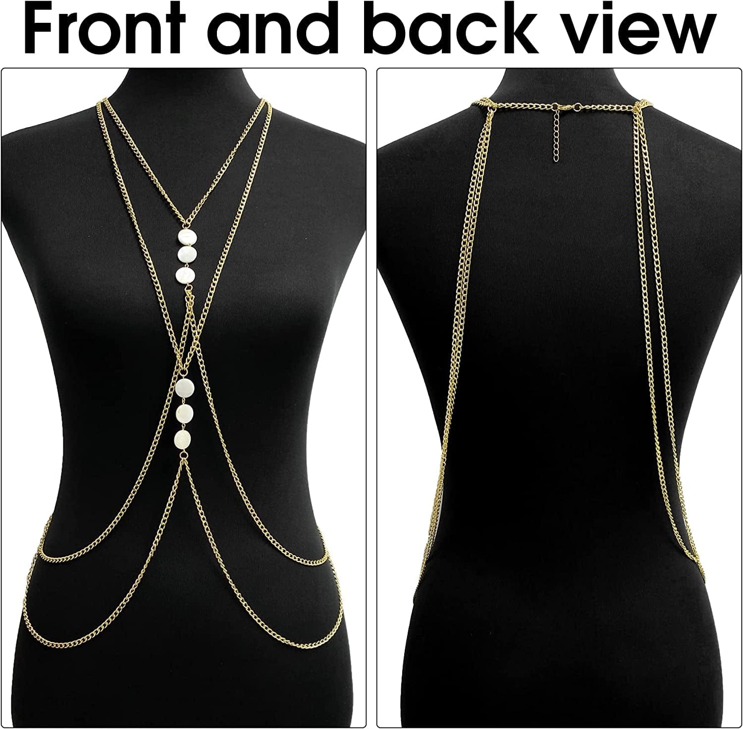 Yomiie Body Chain Layered Sexy Gold Tassels Necklace Fashion White Disc Jewelry Belly Waist Bra Hot Bikini Beach Harness Birthday Anniversary Festival Gift for Women Lady Girls Apparel & Accessories > Jewelry > Body Jewelry Yomiie