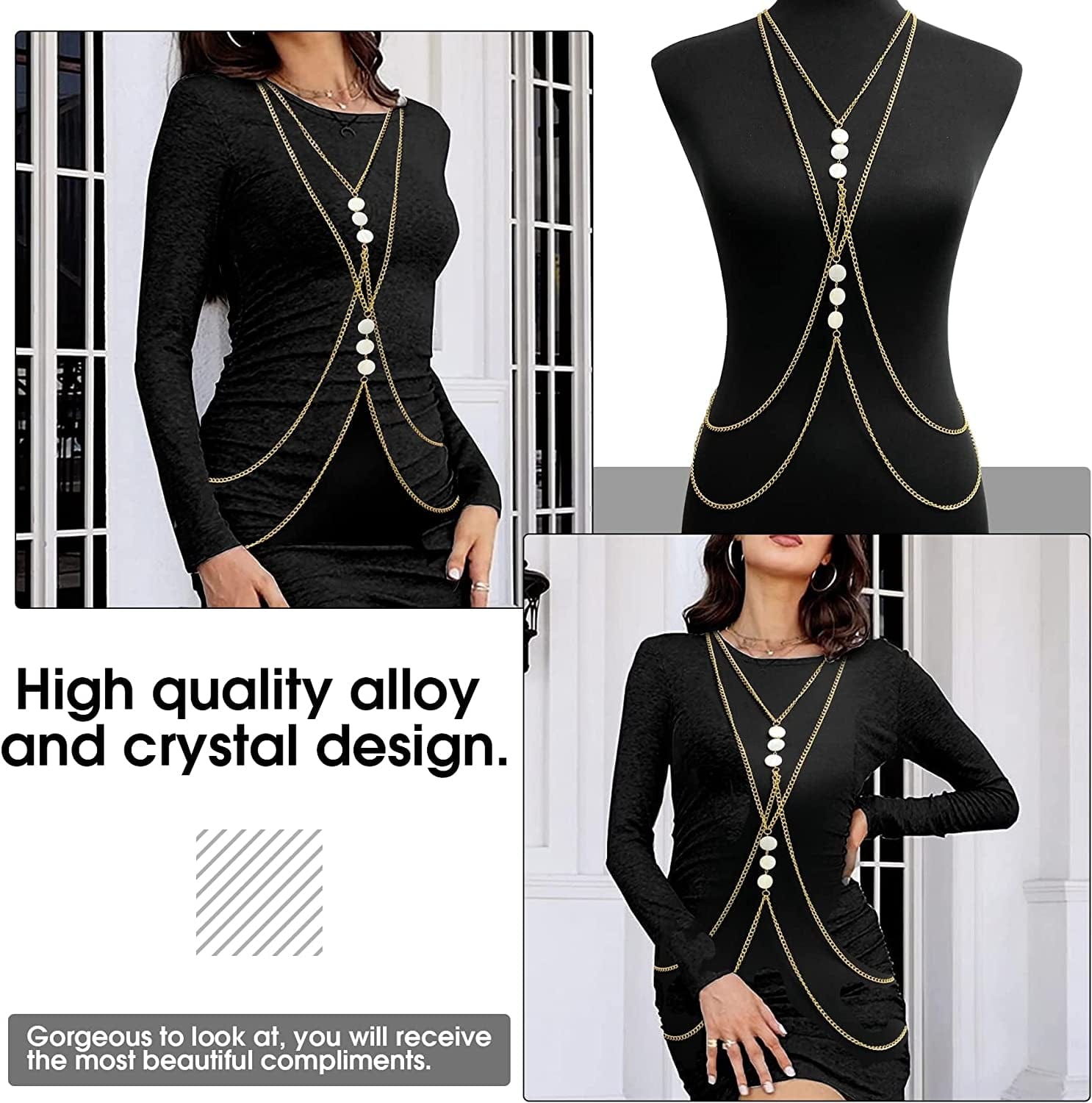 Yomiie Body Chain Layered Sexy Gold Tassels Necklace Fashion White Disc Jewelry Belly Waist Bra Hot Bikini Beach Harness Birthday Anniversary Festival Gift for Women Lady Girls Apparel & Accessories > Jewelry > Body Jewelry Yomiie