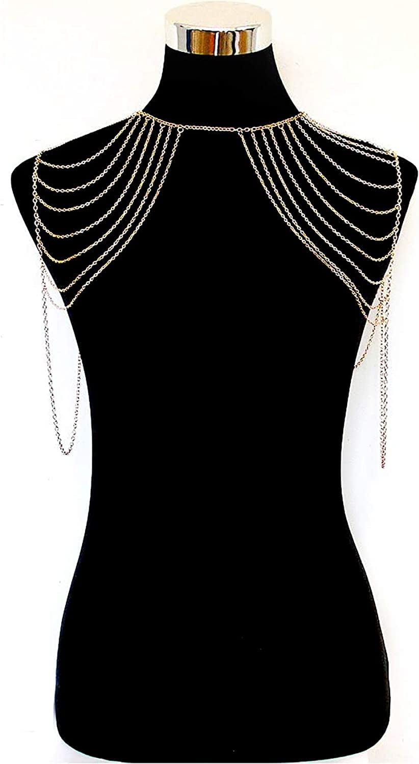 Yomiie Body Shoulder Chain Multilayered Gold Tassels Link Harness Necklace Fashion Jewelry Belly Waist Bra Boho Hot Bikini Beach Anniversary Festival for Women Girls Apparel & Accessories > Jewelry > Body Jewelry Yomiie