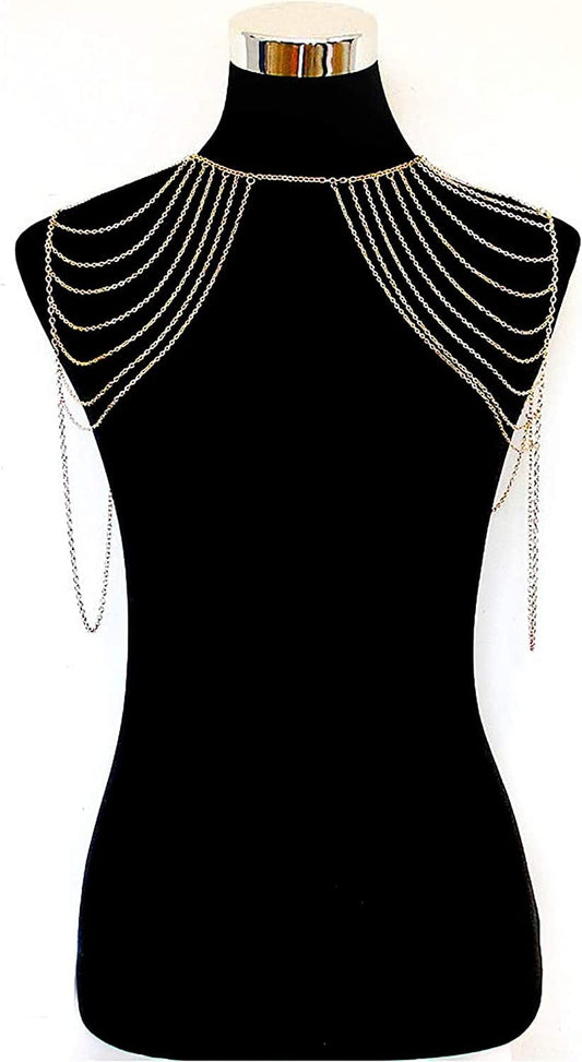 Yomiie Body Shoulder Chain Multilayered Gold Tassels Link Harness Necklace Fashion Jewelry Belly Waist Bra Boho Hot Bikini Beach Anniversary Festival for Women Girls Apparel & Accessories > Jewelry > Body Jewelry Yomiie