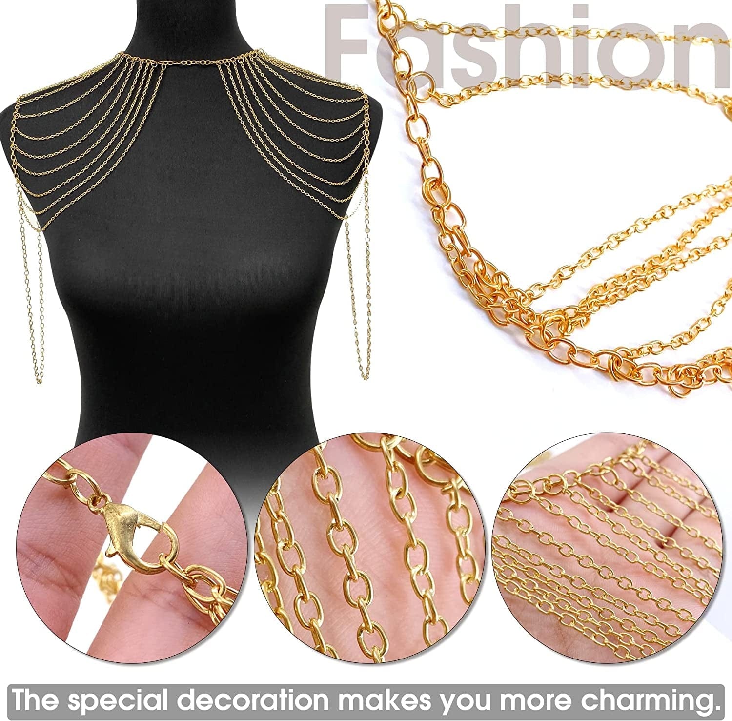 Yomiie Body Shoulder Chain Multilayered Gold Tassels Link Harness Necklace Fashion Jewelry Belly Waist Bra Boho Hot Bikini Beach Anniversary Festival for Women Girls Apparel & Accessories > Jewelry > Body Jewelry Yomiie