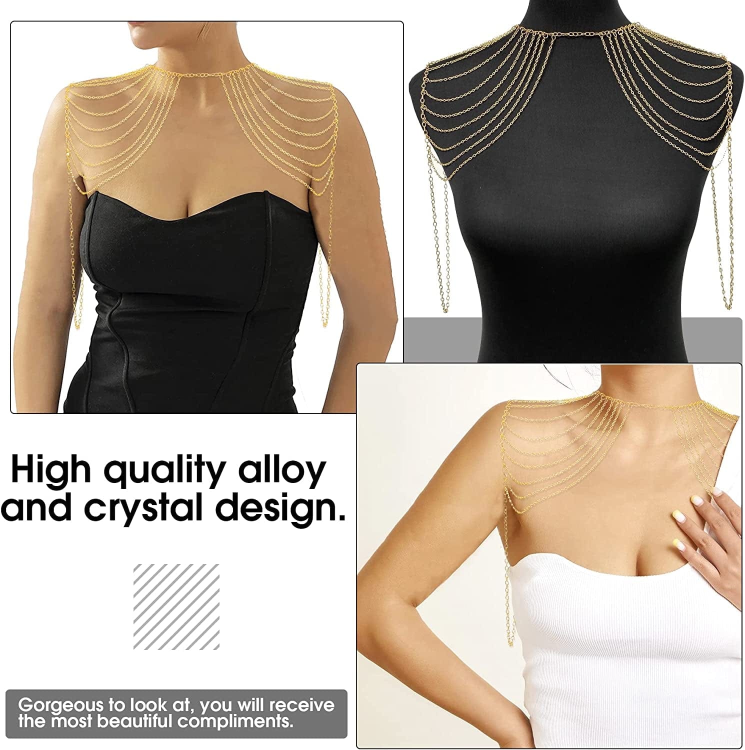 Yomiie Body Shoulder Chain Multilayered Gold Tassels Link Harness Necklace Fashion Jewelry Belly Waist Bra Boho Hot Bikini Beach Anniversary Festival for Women Girls Apparel & Accessories > Jewelry > Body Jewelry Yomiie