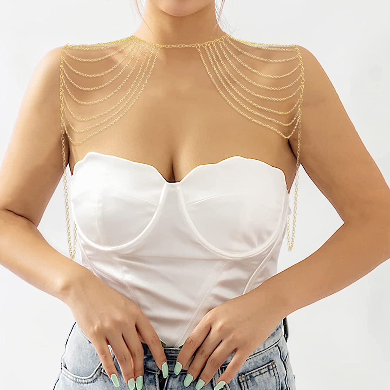 Yomiie Body Shoulder Chain Multilayered Gold Tassels Link Harness Necklace Fashion Jewelry Belly Waist Bra Boho Hot Bikini Beach Anniversary Festival for Women Girls Apparel & Accessories > Jewelry > Body Jewelry Yomiie