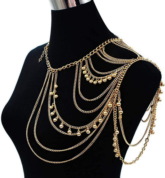 Yomiie Gold Body Chain Layered Tassels Shoulder Chain Bikini Beach Anniversary Festival Gift for Women Uniform Dress Bikini Shoulder Accessories Apparel & Accessories > Jewelry > Body Jewelry Yomiie